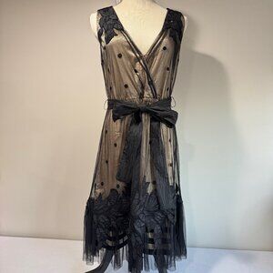 YOANA BARASCHI Anthropologie Embroidered Black Tulle Overlay Dress